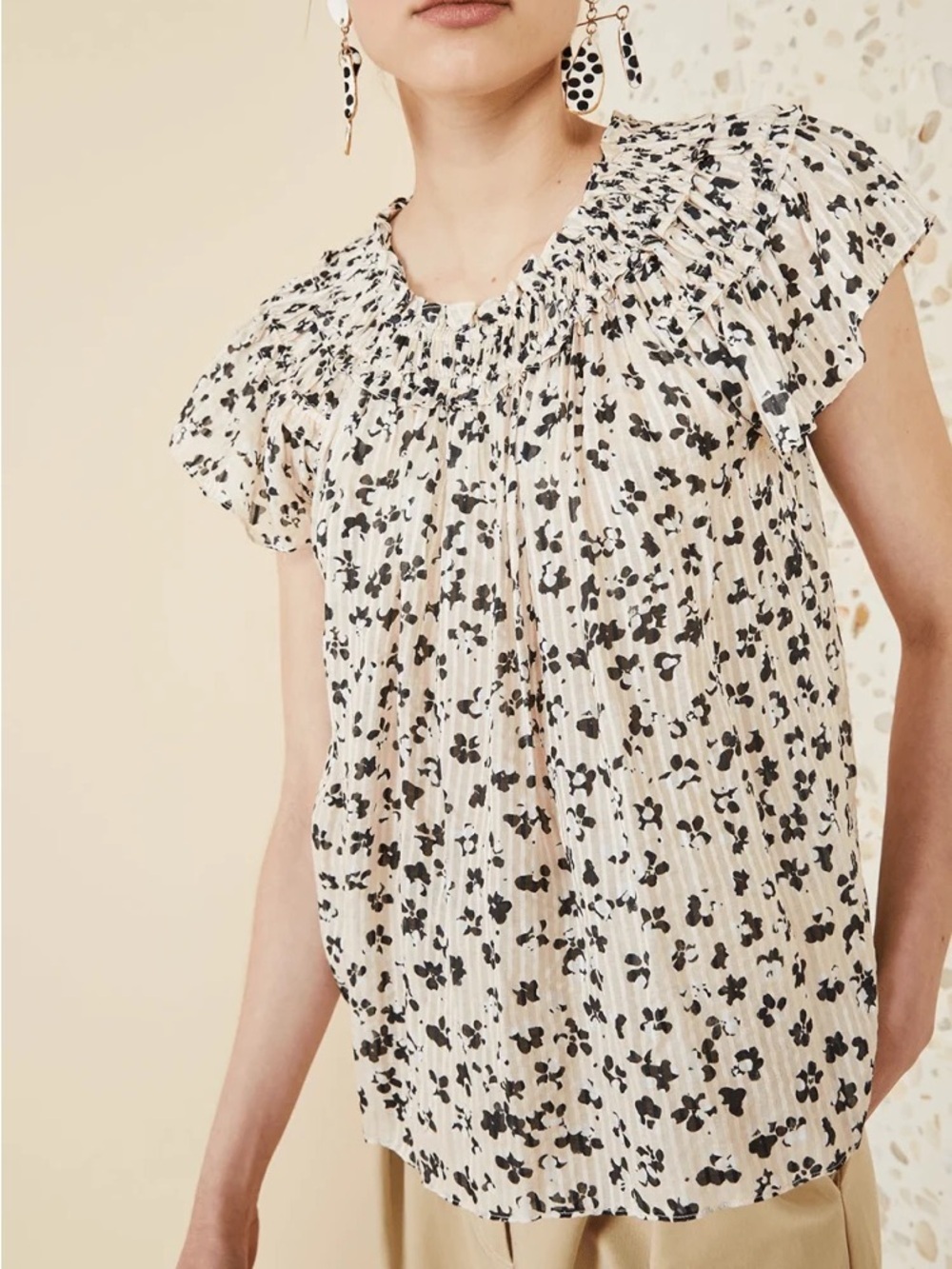 Ulla Johnson Cream Blouse with Black Floral Print